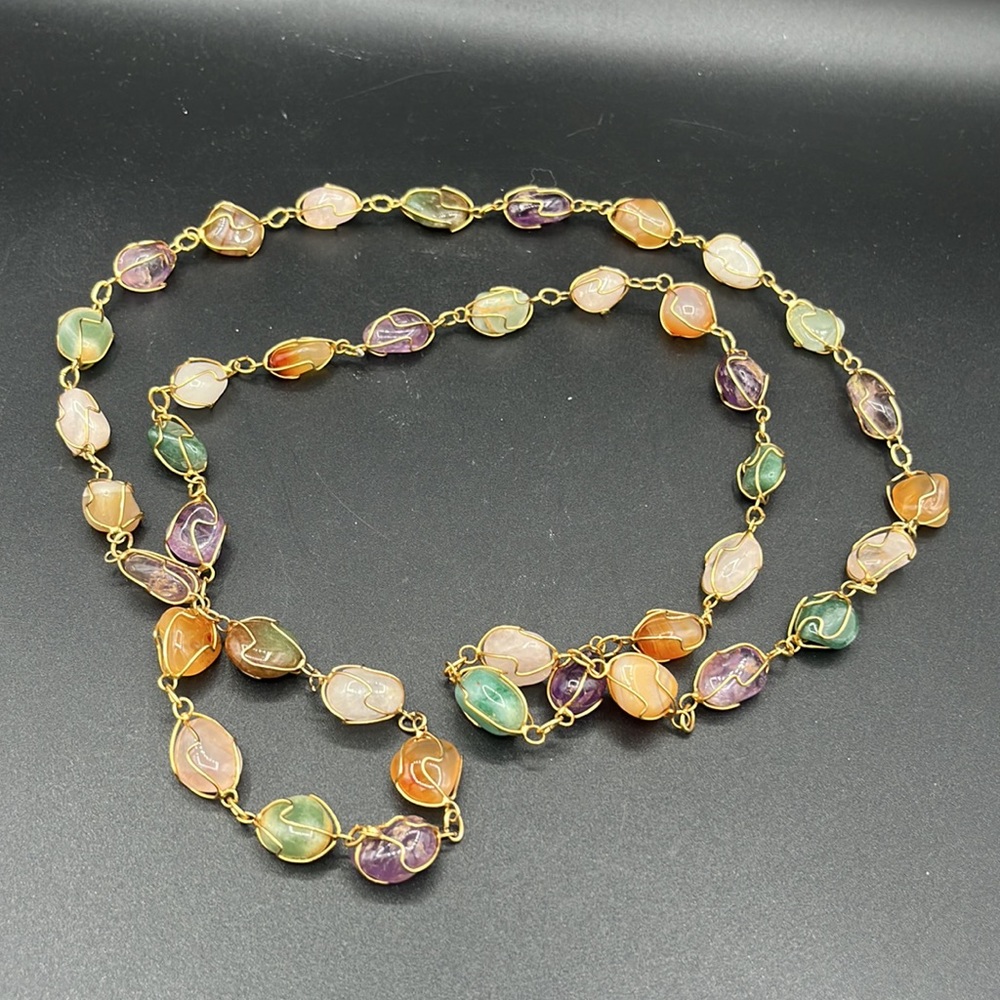 VTG Gold Tone Wire Wrapped Natural Stone Necklace